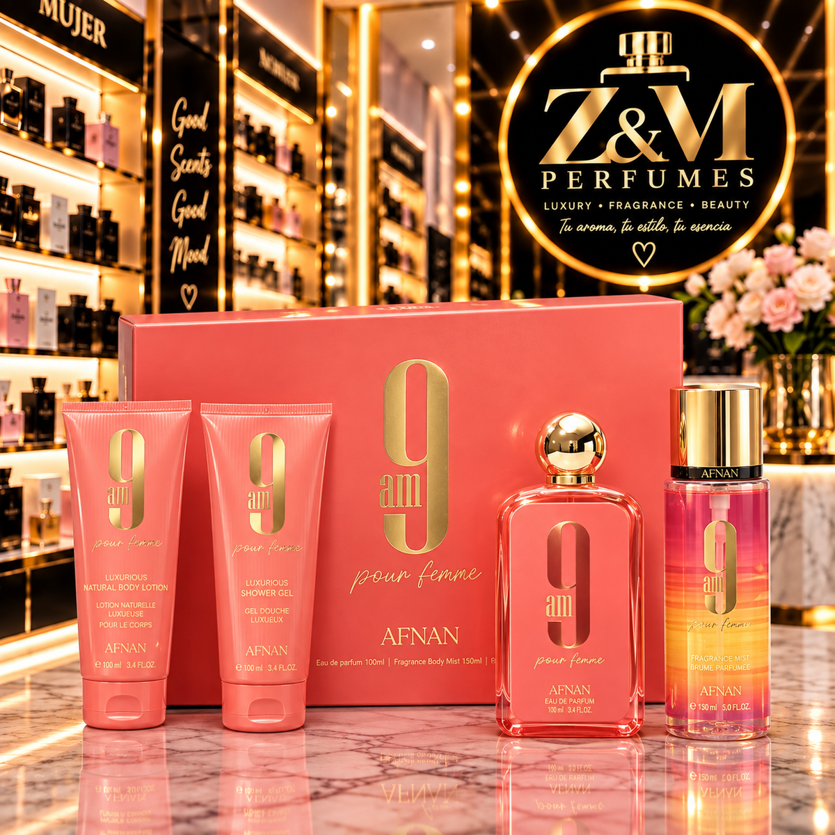 🌸 Afnan 9 AM Coral Pour Femme — Set de 4 piezas