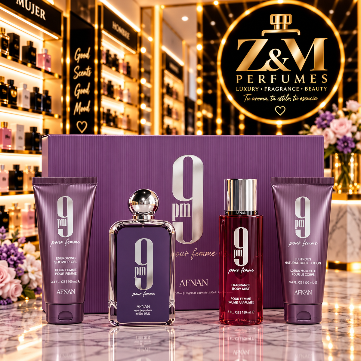 💜 Afnan 9 PM Pour Femme – Set de 4 piezas