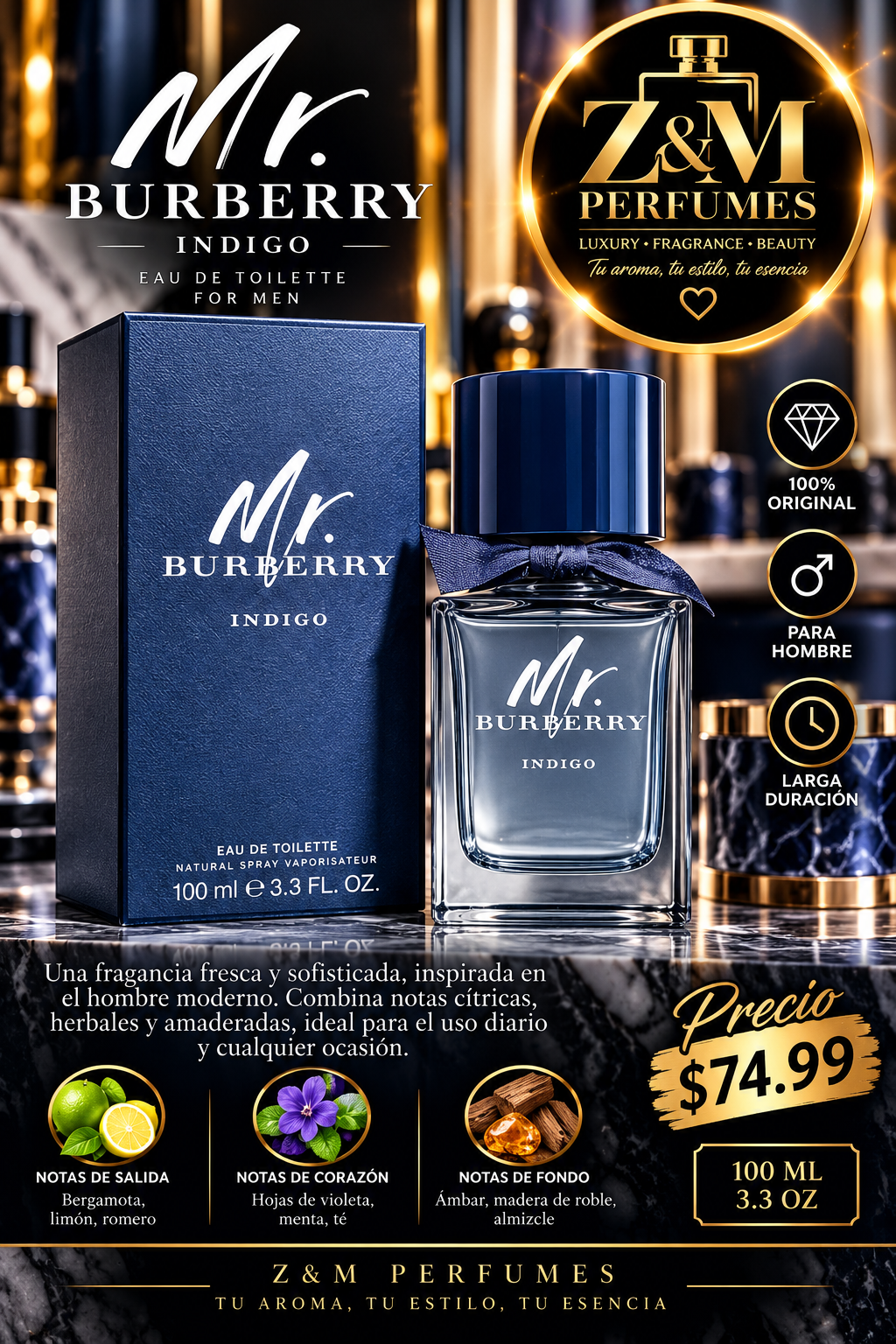 💙 Mr. Burberry Indigo — Burberry
Eau de Toilette para hombre | 100 ml / 3.3 oz